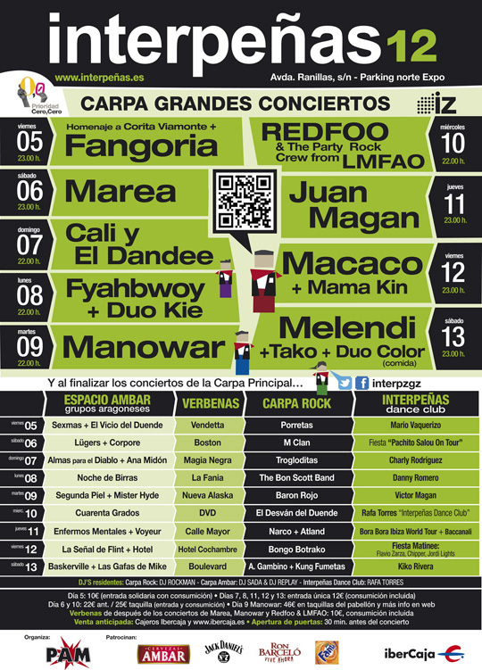 Cartel Programación Completa Pabellón Interpeñas Zaragoza 2012 parking Norte de la Expo. Fiestas del Pilar 2012. Conciertos fiestas del Pilar año 2012 en Zaragoza. Peñas Zaragoza. Federación Interpeñas de Zaragoza.