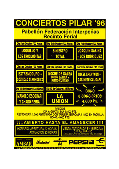 Fiestas del Pilar de Zaragoza 1996. Pabellón Interpeñas Zaragoza 1996. Pilar 96. Fiestas del Pilar 1996. Peñas Zaragoza. Federación Interpeñas de Zaragoza. Cartel Fiestas del Pilar 1996 Interpeñas Zaragoza.