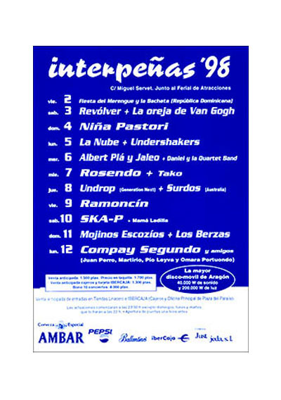 Fiestas del Pilar de Zaragoza 1998. Pabellón Interpeñas Zaragoza 1998. Pilar 98. Fiestas del Pilar 1998. Peñas Zaragoza. Federación Interpeñas de Zaragoza. Cartel Fiestas del Pilar 1998 Interpeñas Zaragoza.