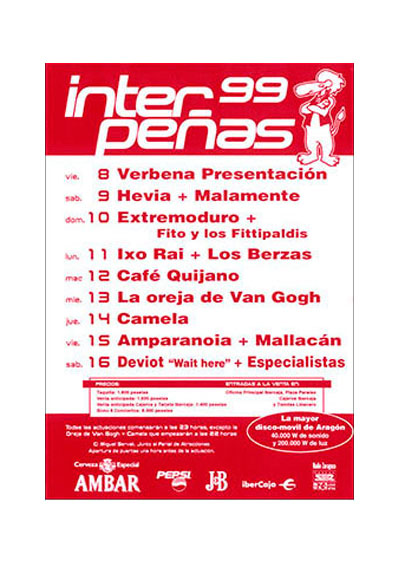 Fiestas del Pilar de Zaragoza 1999. Pabellón Interpeñas Zaragoza 1999. Pilar 99. Fiestas del Pilar 1999. Peñas Zaragoza. Federación Interpeñas de Zaragoza. Cartel Fiestas del Pilar 1999 Interpeñas Zaragoza.