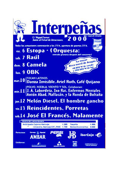 Fiestas del Pilar de Zaragoza 2000. Pabellón Interpeñas Zaragoza 2000. Pilar 2000. Fiestas del Pilar 2000. Peñas Zaragoza. Federación Interpeñas de Zaragoza. Cartel Fiestas del Pilar año 2000 Interpeñas Zaragoza.