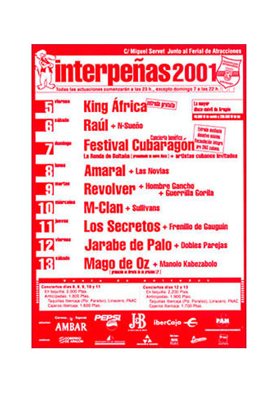 Fiestas del Pilar de Zaragoza 2001. Pabellón Interpeñas Zaragoza 2001. Pilar 2001. Fiestas del Pilar 2001. Peñas Zaragoza. Federación Interpeñas de Zaragoza. Cartel Fiestas del Pilar año 2001 Interpeñas Zaragoza.