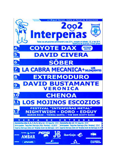 Fiestas del Pilar de Zaragoza 2002. Pabellón Interpeñas Zaragoza 2002. Pilar 2002. Fiestas del Pilar 2002. Peñas Zaragoza. Federación Interpeñas de Zaragoza. Cartel Fiestas del Pilar año 2002 Interpeñas Zaragoza.