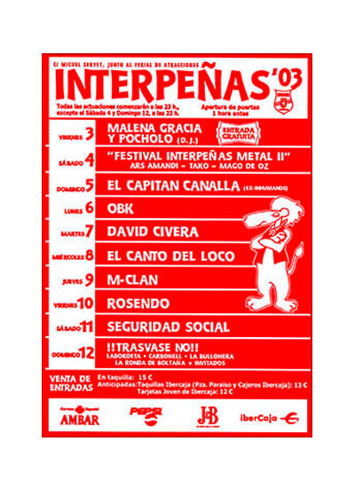 Fiestas del Pilar de Zaragoza 2003. Pabellón Interpeñas Zaragoza 2003. Pilar 2003. Fiestas del Pilar 2003. Peñas Zaragoza. Federación Interpeñas de Zaragoza. Cartel Fiestas del Pilar año 2003 Interpeñas Zaragoza.