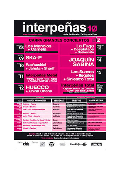 Fiestas del Pilar de Zaragoza 2010. Pabellón Interpeñas Zaragoza 2010. Pilar 2010. Fiestas del Pilar 2010. Peñas Zaragoza. Federación Interpeñas de Zaragoza. Cartel Fiestas del Pilar año 2010 Interpeñas Zaragoza. Conciertos Fiestas del Pilar 2010 Zaragoza.