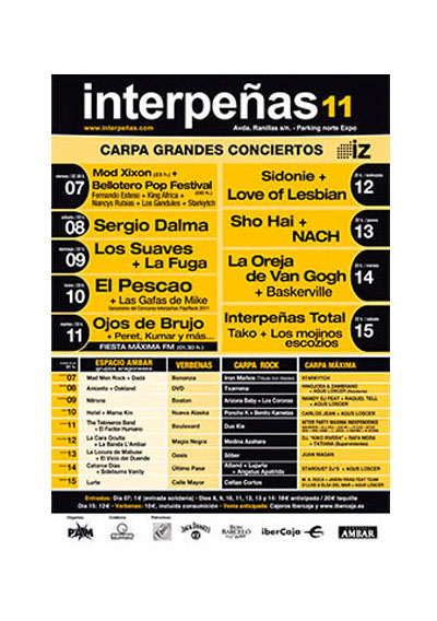 Fiestas del Pilar de Zaragoza 2011. Pabellón Interpeñas Zaragoza 2011. Pilar 2011. Fiestas del Pilar 2011. Peñas Zaragoza. Federación Interpeñas de Zaragoza. Cartel Fiestas del Pilar año 2011 Interpeñas Zaragoza. Conciertos Fiestas del Pilar 2011 Zaragoza.