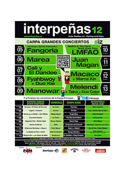 Fiestas del Pilar de Zaragoza 2012. Pabellón Interpeñas Zaragoza 2012. Pilar 2012. Fiestas del Pilar 2012. Peñas Zaragoza. Federación Interpeñas de Zaragoza. Cartel Fiestas del Pilar año 2012 Interpeñas Zaragoza. Conciertos Fiestas del Pilar 2012 Zaragoza.