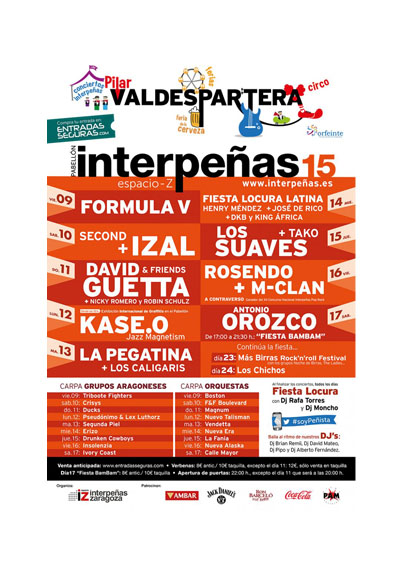 Fiestas del Pilar de Zaragoza 2015. Pabellón Interpeñas Zaragoza 2015. Pilar 2015. Fiestas del Pilar 2015. Peñas Zaragoza. Federación Interpeñas de Zaragoza. Cartel Fiestas del Pilar año 2015 Interpeñas Zaragoza. Conciertos Fiestas del Pilar 2015 Zaragoza.